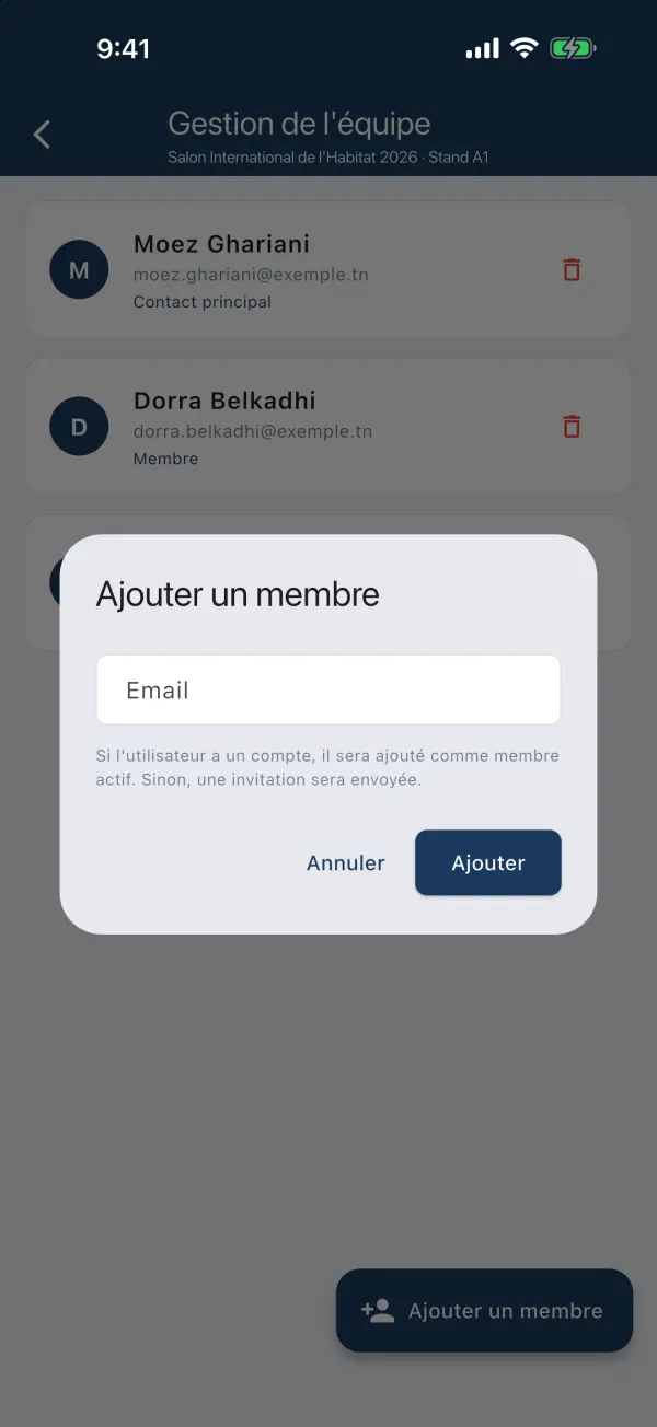 Fenêtre Ajouter un membre avec le champ Email