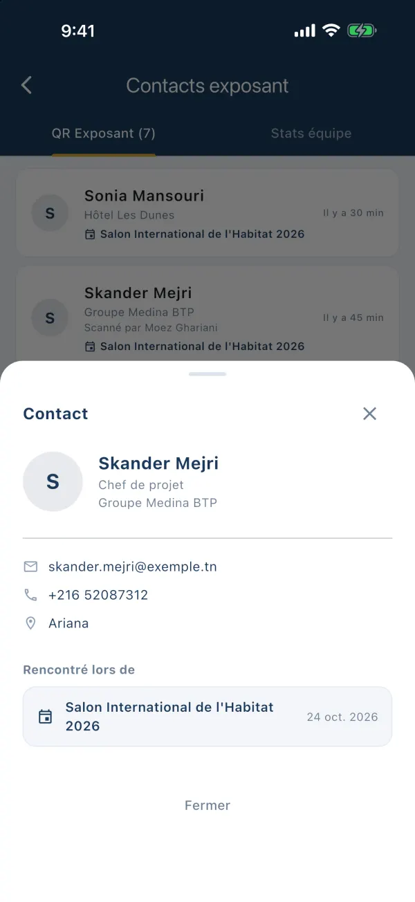 Fiche contact d'un visiteur : nom, métier, entreprise, email, téléphone, ville et salon de la rencontre