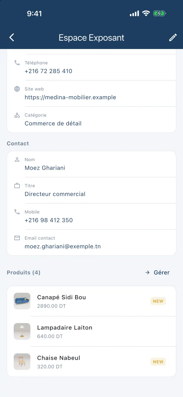 Bas du tableau de bord : informations, contact et aperçu des produits