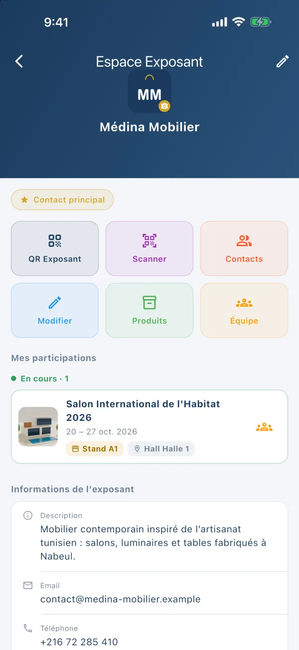 Tableau de bord exposant : logo, badge Contact principal, six boutons et la participation au Salon de l'Habitat