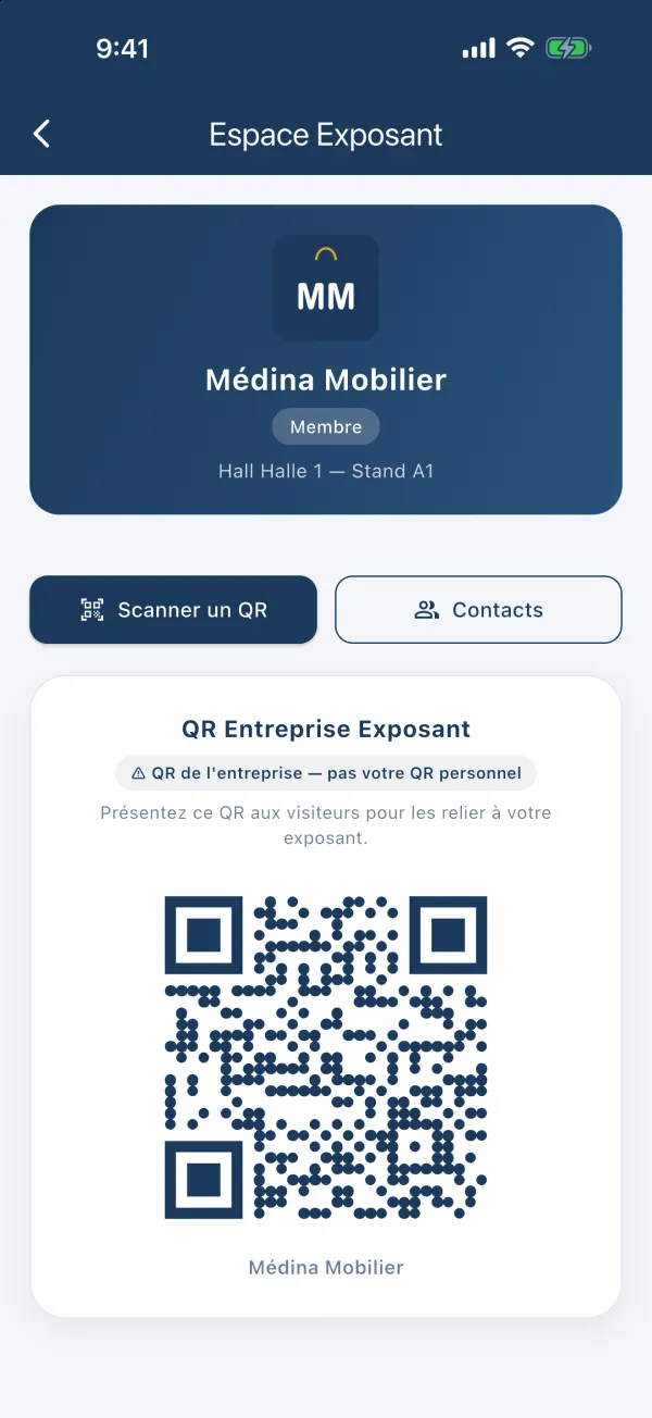 Espace exposant d'un membre : logo, badge Membre, Hall Halle 1, Stand A1, boutons Scanner un QR et Contacts, QR entreprise