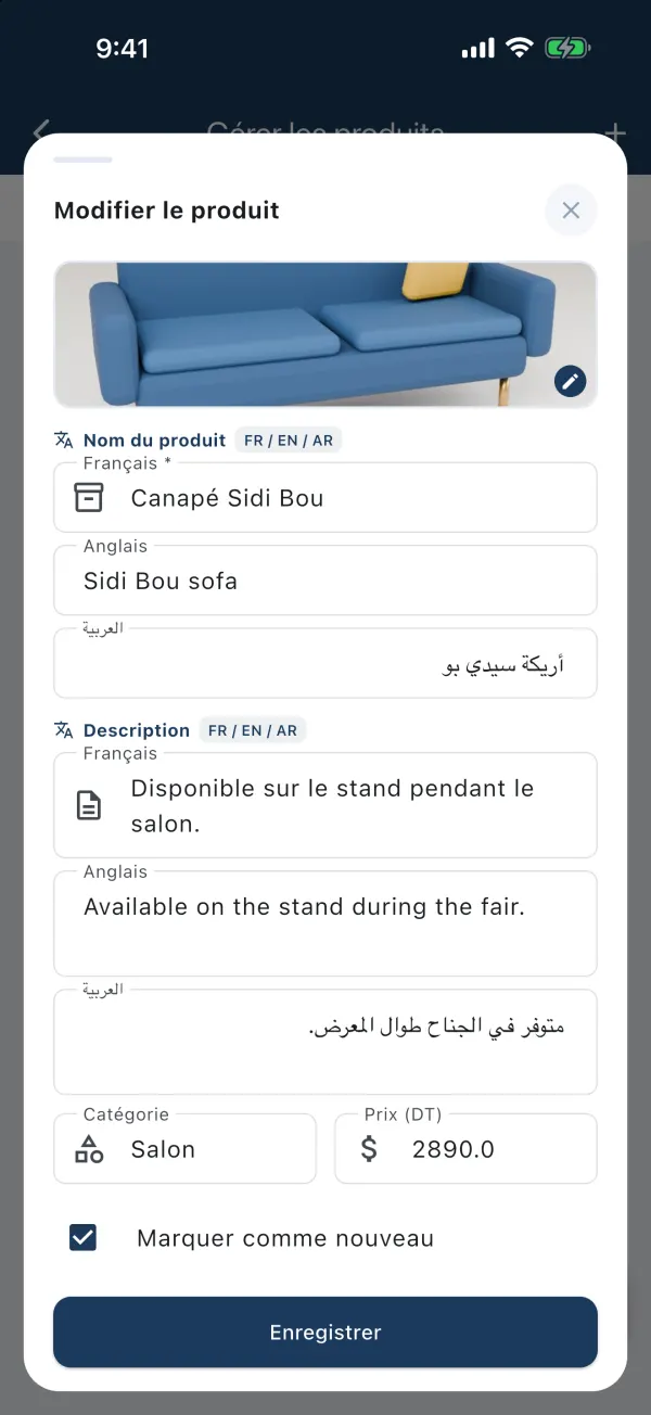 Formulaire Modifier le produit : photo, nom et description en trois langues, catégorie, prix, case Marquer comme nouveau