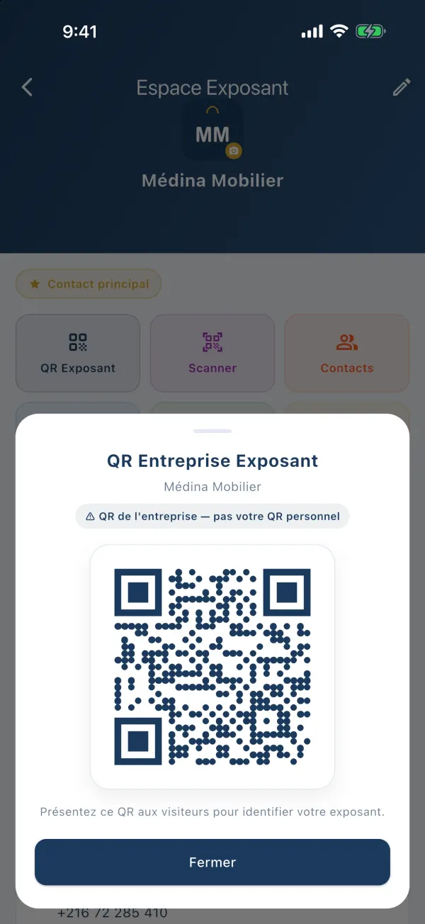 Fenêtre QR Entreprise Exposant avec l'avertissement QR de l'entreprise, pas votre QR personnel